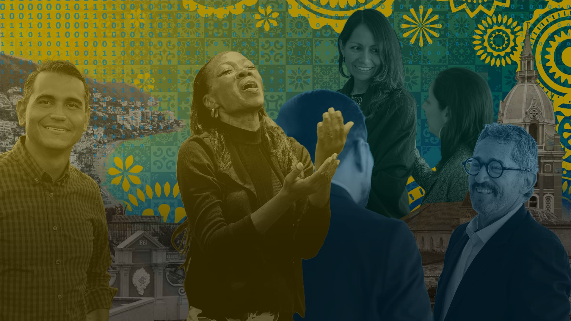 Arte del foro — líderes de toda América Latina y el Caribe, una de ellas con las manos alzadas en adoración, sobre un fondo de azulejos latinoamericanos, papel picado, una ciudad en la ladera y una catedral con cúpula.